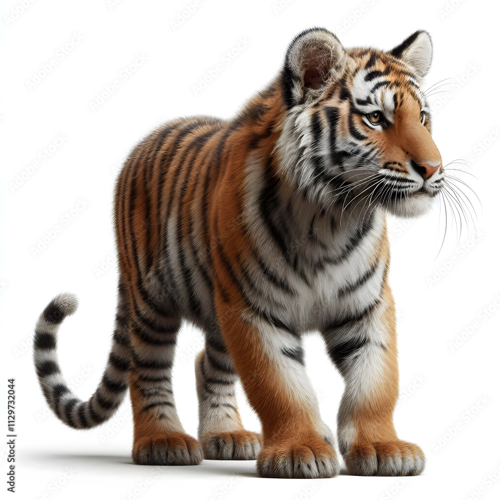 Tiger isolated on a white background, Side view, tiger standing full HD image generated by Ai. full body, realistic, full detail looking at the camera. Tiger isolated on a white background, Side view, tiger standing full HD image generated by Ai. full body, realistic, full detail looking at the camera.