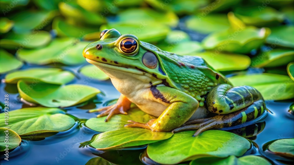 Macro view of a frog perched on a water hyacinth, showcasing vibrant pond life. Macro view of a frog perched on a water hyacinth, showcasing vibrant pond life.