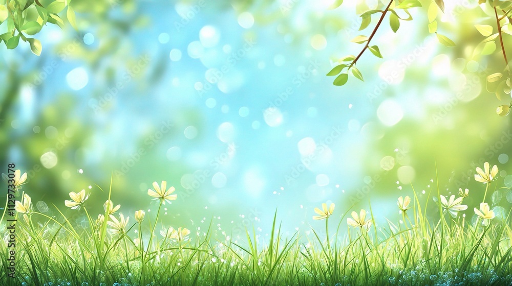 Blurred Morning Nature Background with Green Grass and Flowers Blurred Morning Nature Background with Green Grass and Flowers