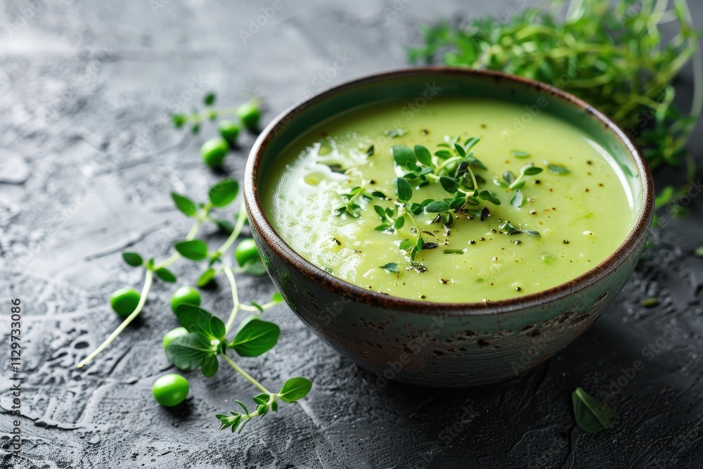 Green pea soup with thyme on concrete table Green pea soup with thyme on concrete table