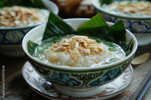 Green rice flour drink with almond milk enjoyed during Ramadan photo