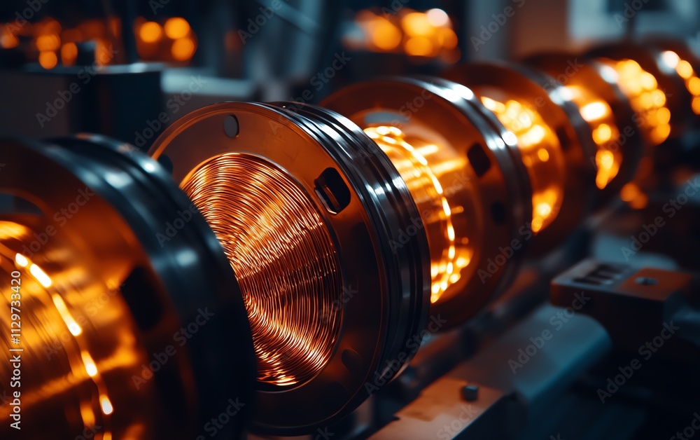 Obraz premium A hightech electric motor winding section, closeup of copper wire spools on automated machines, advanced winding process, glowing copper strands, ultrarealistic, sharp 8K clarity
