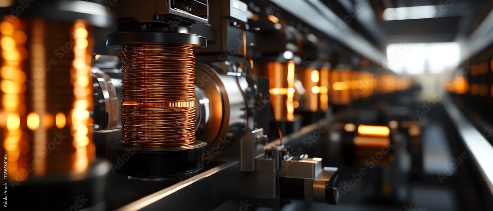 A hightech industrial scene with copper wire spools on automated machines A hightech industrial scene with copper wire spools on automated machines