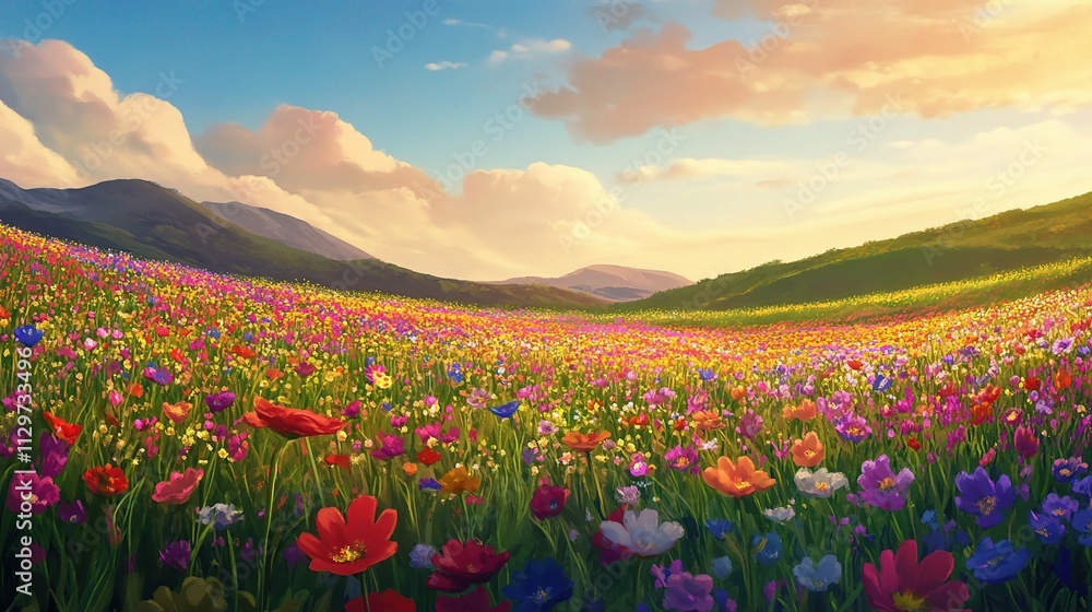 Fototapeta premium Colorful Wildflower Meadow Under Bright Sky at Sunset