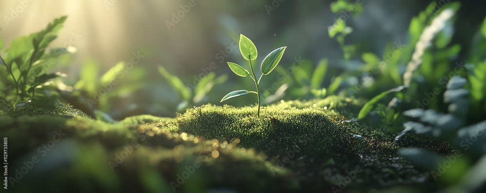 A small green plant sprouting from mossy ground A small green plant sprouting from mossy ground