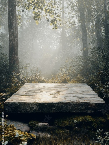 A rectangular stone platform with natural imperfections, placed in a foggy forest at sunrise photo