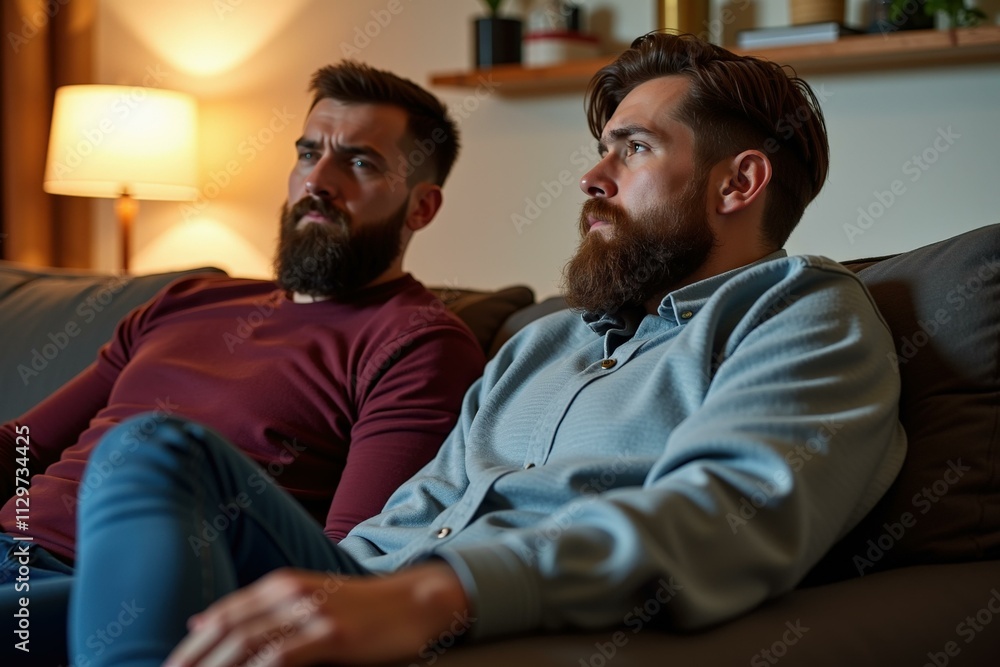 Obraz premium Two Men Relaxing on Sofa at Home, Perfect for Lifestyle and Friendship Content