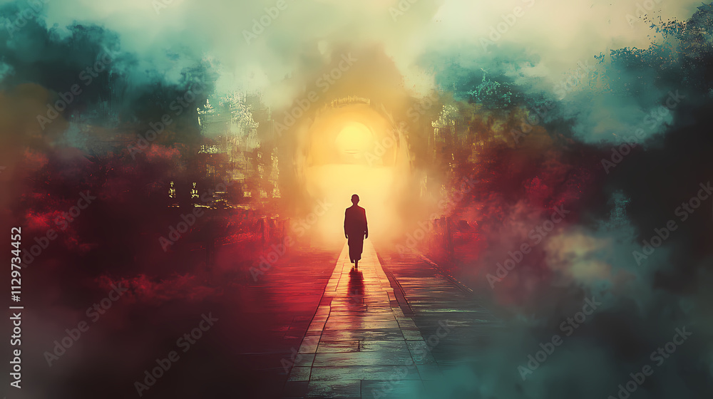 The journey to enlightenment involves self-discovery and spiritual development, guiding us beyond our ego and into the divine realm. Nirvana. Illustration The journey to enlightenment involves self-discovery and spiritual development, guiding us beyond our ego and into the divine realm. Nirvana. Illustration