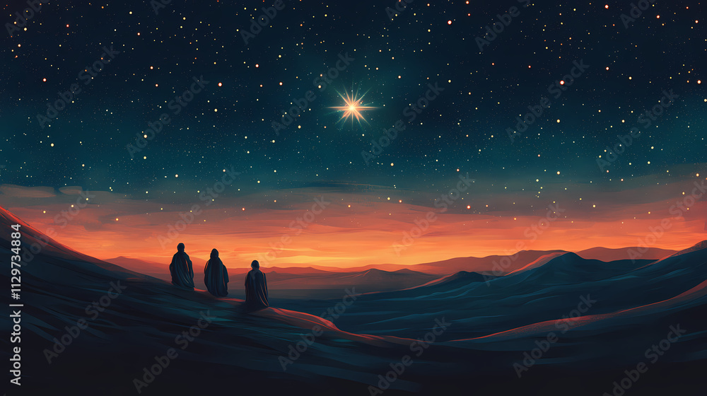 Fototapeta premium Three wise men journeying under a magnificent star in a breathtaking night sky with brilliant stars twinkling above glowing hills of a serene landscape. Nirvana. Illustration