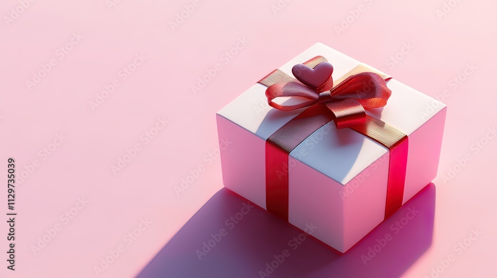 Fototapeta premium A white square gift box with a red and gold ribbon and two small hearts on a pink background.