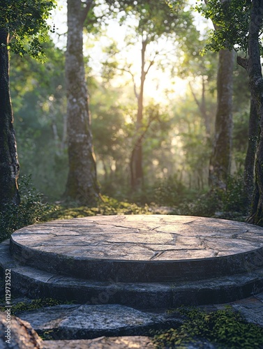 A round stone platform with a polished surface, placed in a forest with tall photo