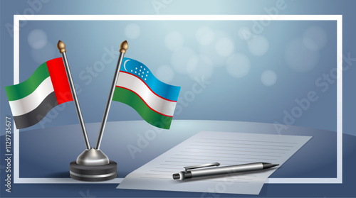 United Arab Emirate and Uzbekistan National flags on small table with bokeh background, cooperative relationship