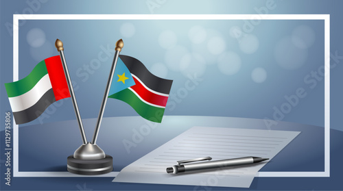 United Arab Emirate and Republic of North Sudan National flags on small table with bokeh background, cooperative relationship
