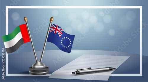 United Arab Emirate and Cook Islands National flags on small table with bokeh background, cooperative relationship