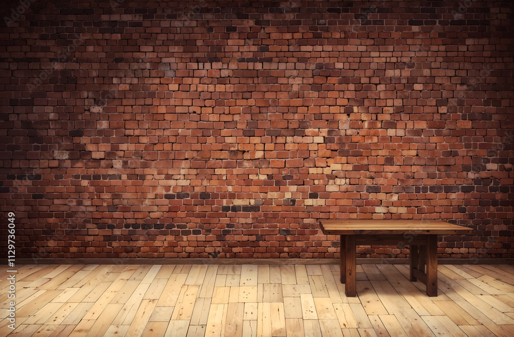 Rustic wooden table against a brick wall backdrop, suitable for vintage, rustic, or industrial-themed designs. Generative AI Rustic wooden table against a brick wall backdrop, suitable for vintage, rustic, or industrial-themed designs. Generative AI