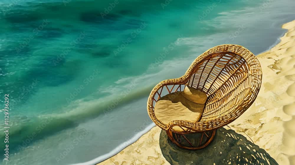 Relaxing on a wicker chair along the serene beach with turquoise waters and golden sand during a sunny day