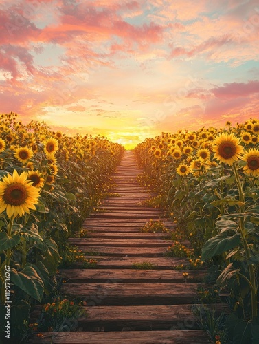 A rustic wooden path through a sunflower field at sunrise, with the sky painted in soft pinks and oranges