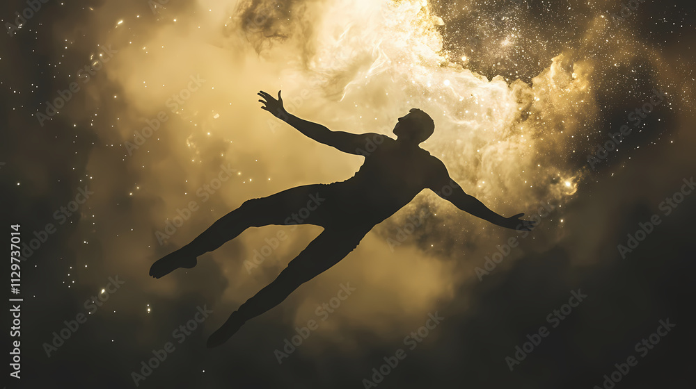 Man flying through cosmic nebula. visiting other dimensions and realms. lucid dreaming. Nirvana. Illustration Man flying through cosmic nebula. visiting other dimensions and realms. lucid dreaming. Nirvana. Illustration