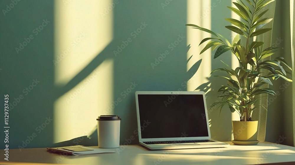 Fototapeta premium Simple Workspace with Open Laptop and Coffee Cup in Sunlit Room