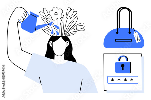 Person pouring water on flowering plants growing from their head, blue handbag, digital lock with password stars. Ideal for creativity, self-care, security, online shopping, mental growth