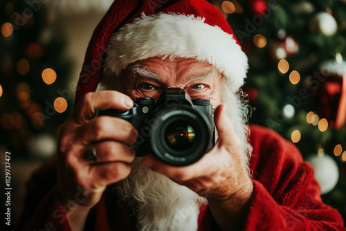 Santa Claus Captures the Festive Spirit: A Close-Up Portrait of Father Christmas with a Camera, Embracing the Joy of the Holiday Season . Santa's Lifestyle. Christmas gifts. photo