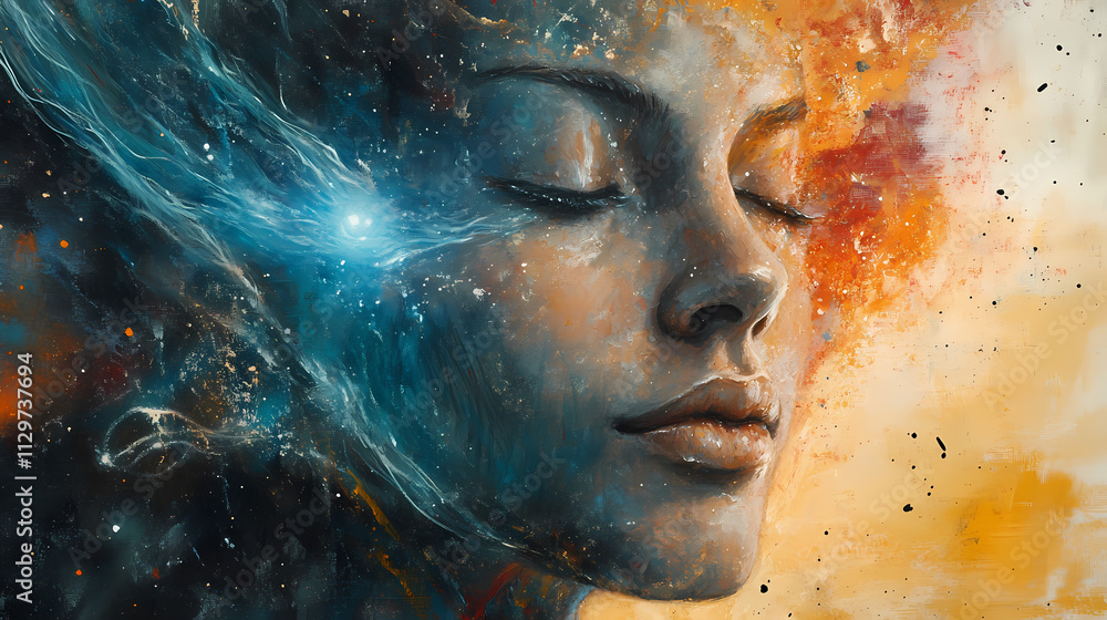 Mystical portrait: a journey of inner peace and cosmic energy. Nirvana. Illustration Mystical portrait: a journey of inner peace and cosmic energy. Nirvana. Illustration