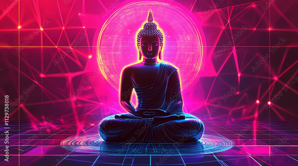 Radiant buddha statue with a glowing halo and an abstract geometric background conveying a sense of spirituality enlightenment and cosmic connection. Nirvana. Illustration Radiant buddha statue with a glowing halo and an abstract geometric background conveying a sense of spirituality enlightenment and cosmic connection. Nirvana. Illustration