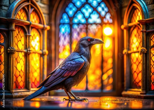 Miniature raven, AI-generated stained glass, tilt-shift effect creates a fantastical, tiny world. photo