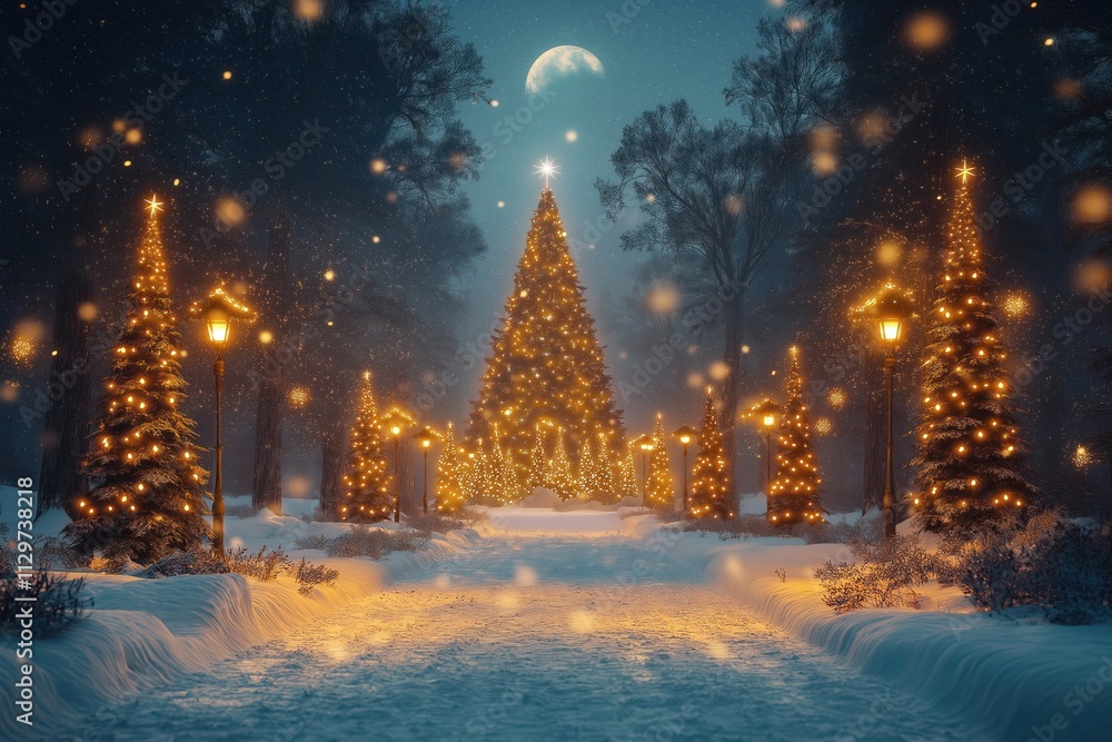 Enchanted winter forest pathway. Majestic Christmas tree centerpiece illuminated by warm lights. Gentle snowfall falls on starry night sky. Soft blue moonlight casts magical ambiance. Fairytale Enchanted winter forest pathway. Majestic Christmas tree centerpiece illuminated by warm lights. Gentle snowfall falls on starry night sky. Soft blue moonlight casts magical ambiance. Fairytale