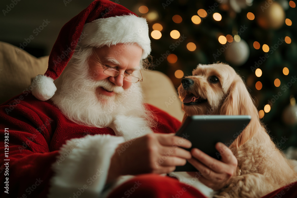 Santa Claus and his furry friend enjoy the festive spirit of Christmas by browsing a tablet together in a cozy, decorated home. #Christmas #Santa #dog . Santa's Lifestyle. Christmas gifts. Santa Claus and his furry friend enjoy the festive spirit of Christmas by browsing a tablet together in a cozy, decorated home. #Christmas #Santa #dog . Santa's Lifestyle. Christmas gifts.