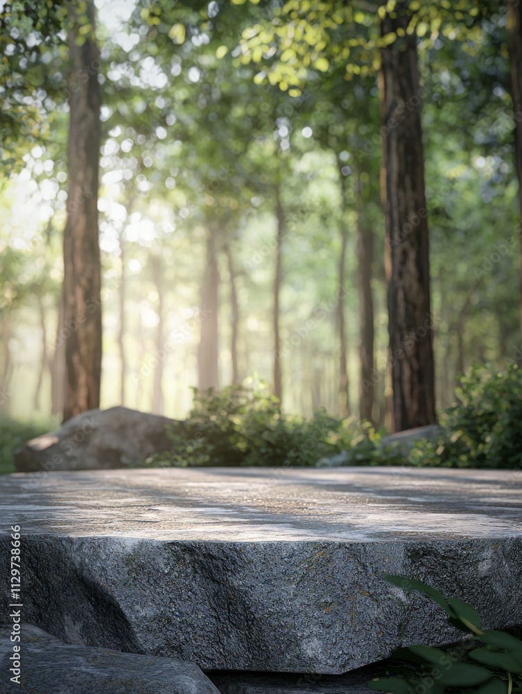A smooth stone platform with a polished finish, surrounded by dense foliage in a sunlit forest A smooth stone platform with a polished finish, surrounded by dense foliage in a sunlit forest