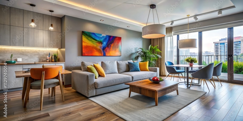 Minimalist grey apartment living room, showcasing abstract art and stylish modern decor. Minimalist grey apartment living room, showcasing abstract art and stylish modern decor.