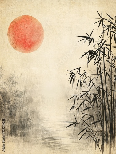 A tranquil Chinese ink wash background with light parchment texture, The top left corner shows a rising sun