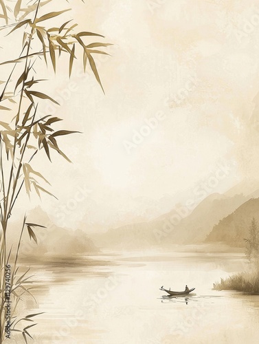 A tranquil Chinese brush painting background with soft beige texture, The top has bamboo leaves gently swaying