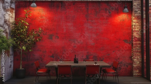 Red wall dining area with wooden table and red chairs photo