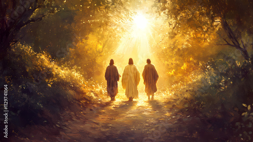 Jesus walking along the road to emmaus with two disciples, radiant light surrounding them, symbolizing revelation. Nirvana. Illustration