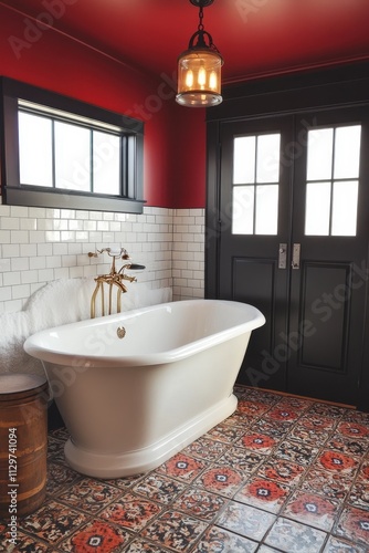 Elegant Bathroom Featuring Freestanding Tub and Red Walls photo