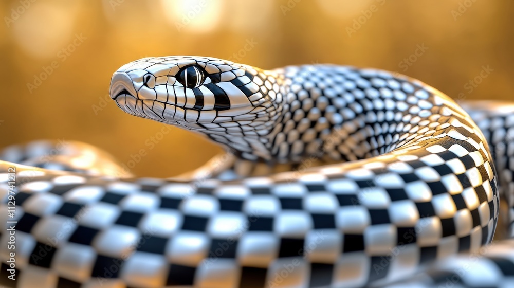 Fototapeta premium Close-Up of Monochrome Snake with Checkered Pattern Against Blurred Background