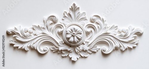 White ornate plaster molding detail, floral design, wall decor.
