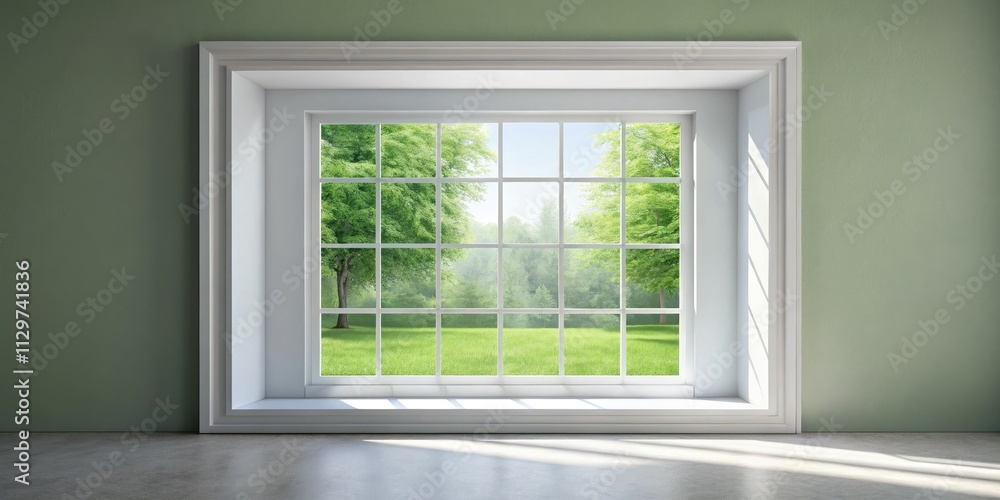 Fototapeta premium Minimalist white window frame, 3D rendered, showcasing clean lines and ample empty space for design inspiration.
