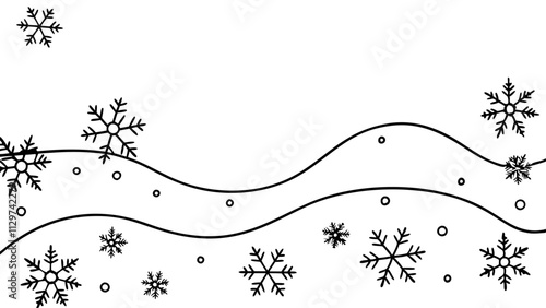 Snowflakes falling on snowy hills, simple black and white line art. Use for winter, holiday, or weather themed websites and blogs.