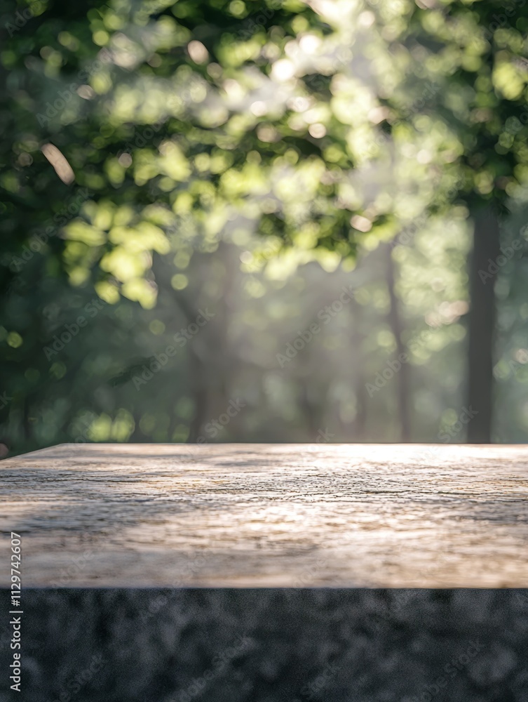 An empty stone platform with a polished surface, set against a blurred forest background An empty stone platform with a polished surface, set against a blurred forest background