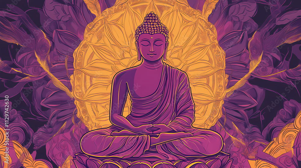 Buddha in a lotus position, mandala background, purple and yellow tones, glowing light effects. Nirvana. Illustration Buddha in a lotus position, mandala background, purple and yellow tones, glowing light effects. Nirvana. Illustration