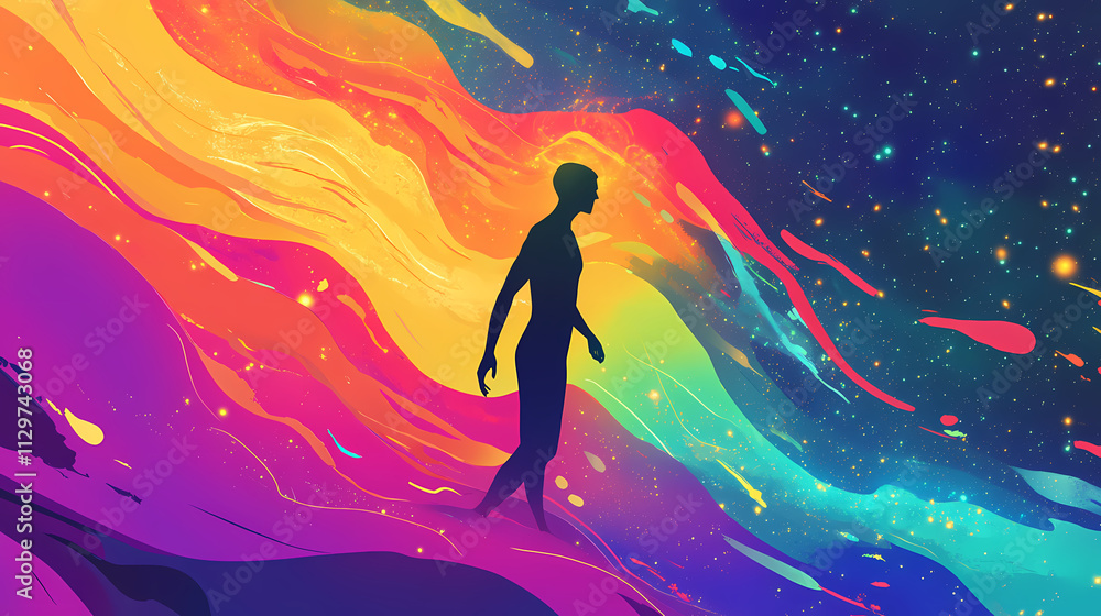 Cosmic journey into enlightenment with a vibrant silhouette against galaxy background aura awareness day. Nirvana. Illustration Cosmic journey into enlightenment with a vibrant silhouette against galaxy background aura awareness day. Nirvana. Illustration