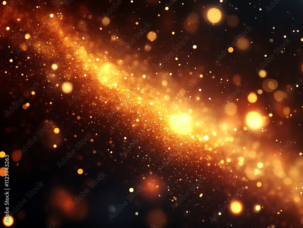 Fototapeta premium Golden Glitter Dust Sparkles Across Dark Background