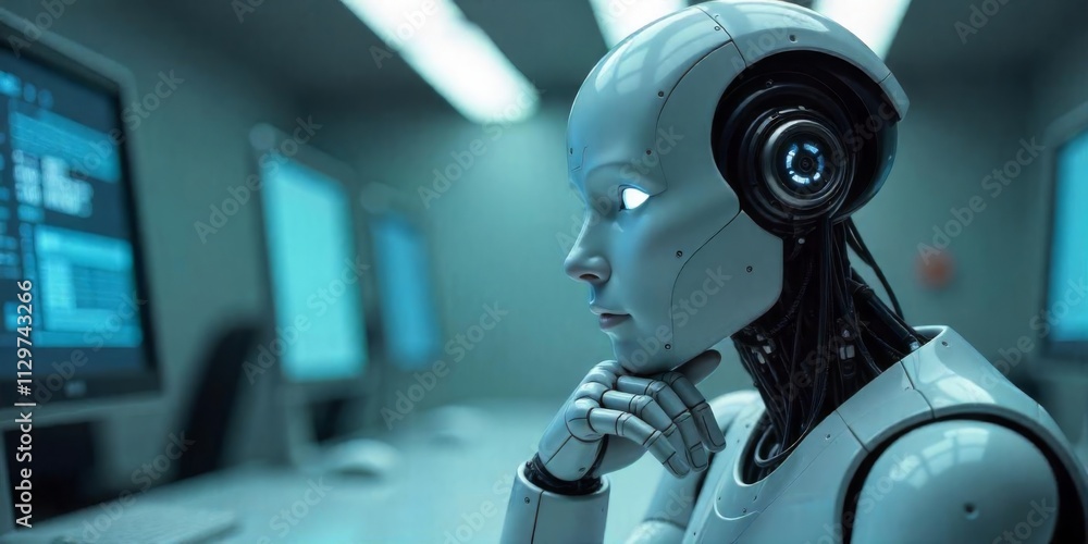 Robots analyze data in a modern tech lab during a busy workday with multiple screens displaying information Robots analyze data in a modern tech lab during a busy workday with multiple screens displaying information