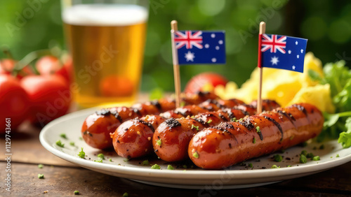 Delicious grilled sausages garnished with fresh herbs, served with chips and beer, perfect for an Australia Day celebration. Concept of an Australia Day BBQ.
 photo