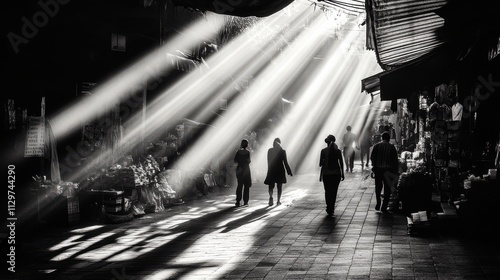 A gritty and intense monochromatic depiction of a bustling street filled with silhouettes against cascading beams of light, creating a dramatic interplay of highlights and dark spaces, shot with a Fuj photo