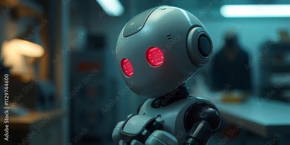 Small humanoid robot with glowing red eyes stands in a workshop during a futuristic tech demonstration Small humanoid robot with glowing red eyes stands in a workshop during a futuristic tech demonstration