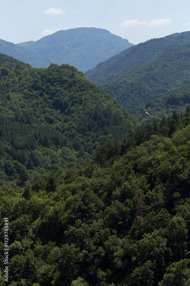 Rhodopes, are a mountain range in Southeastern Europe. Bulgaria. Panorama. The forest area covers the mountains. Rhodopes, are a mountain range in Southeastern Europe. Bulgaria. Panorama. The forest area covers the mountains.
